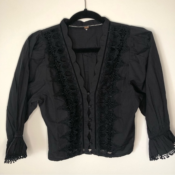 FREE People Louella Embroidered Top XS Lace button up blouse Black NWOT - Picture 5 of 13